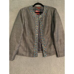Joni B. Womens Size LARGE Blazer Heathered Tweed Gray Beaded Trim Long Sleeves